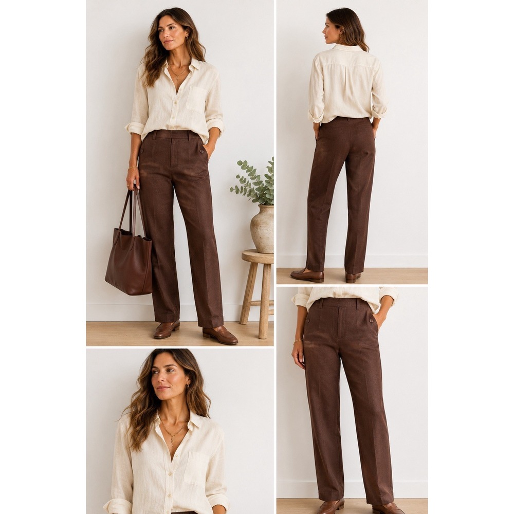 Talbots Irish Linen Pants Women's 10 Brown Straight Leg Lined Trouser Classic